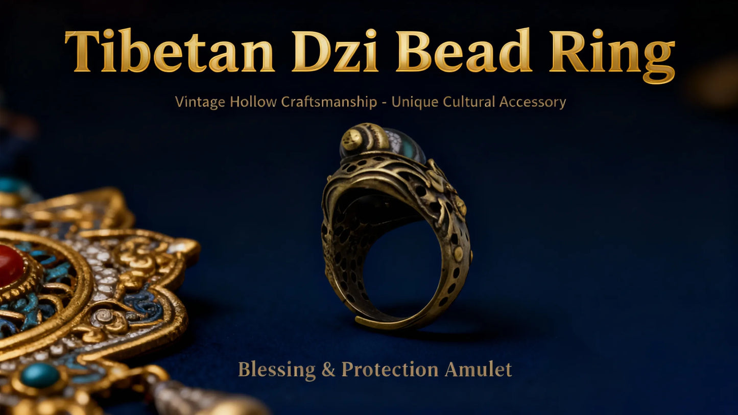 Tibetan Sacred Relic · Dzi Bead Ring | Retro Hollow-Out Craftsmanship, Niche Cultural Accessory for Blessing & Auspiciousness